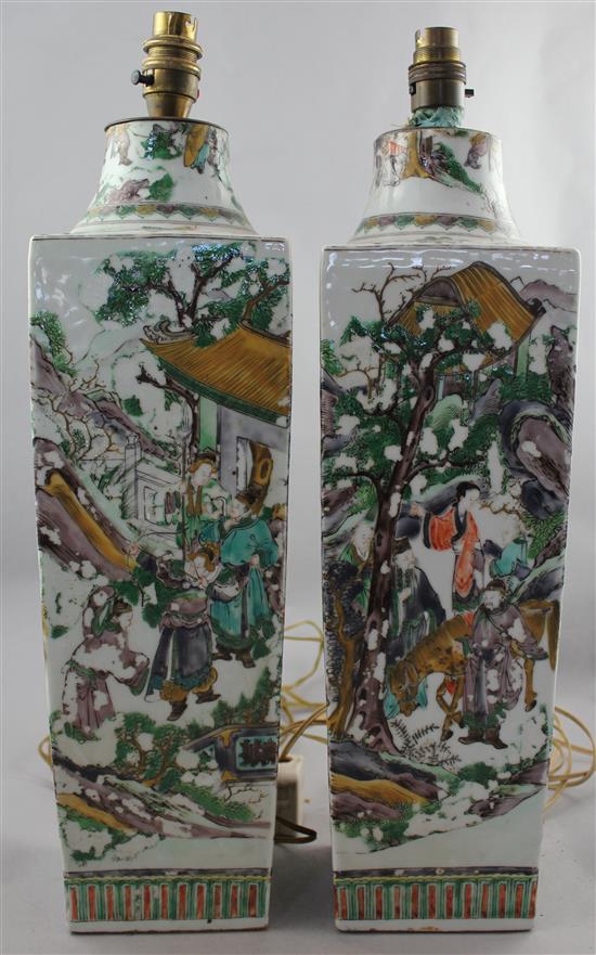 A pair of large Chinese famille verte square tapering vases, late 19th century, excl. fitted, later converted to lamps(-)